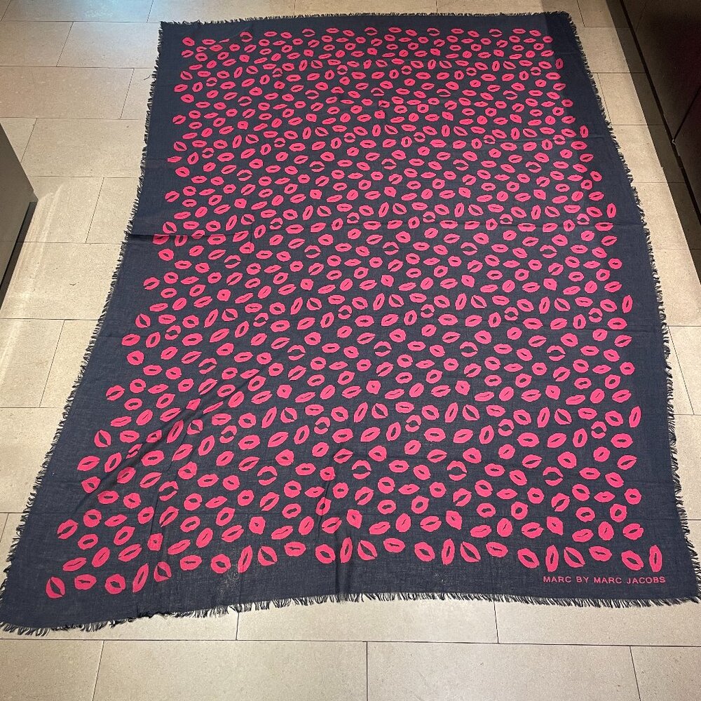 Large Marc by Marc Jacobs Cashmere/Silk Scarf/Shawl-Blue w/ red kisses